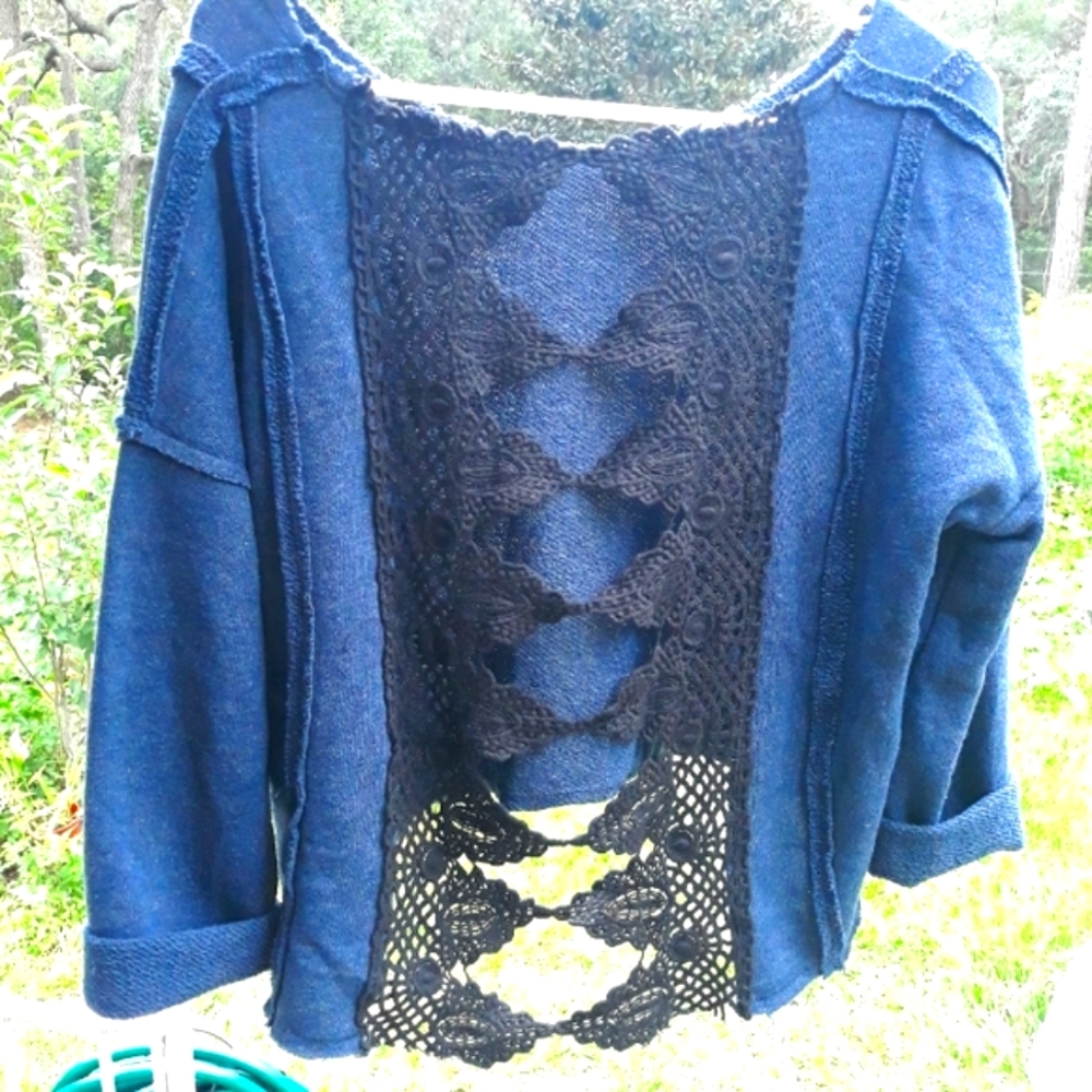 Free People Navy Blue Sweater with Black Crochet Back